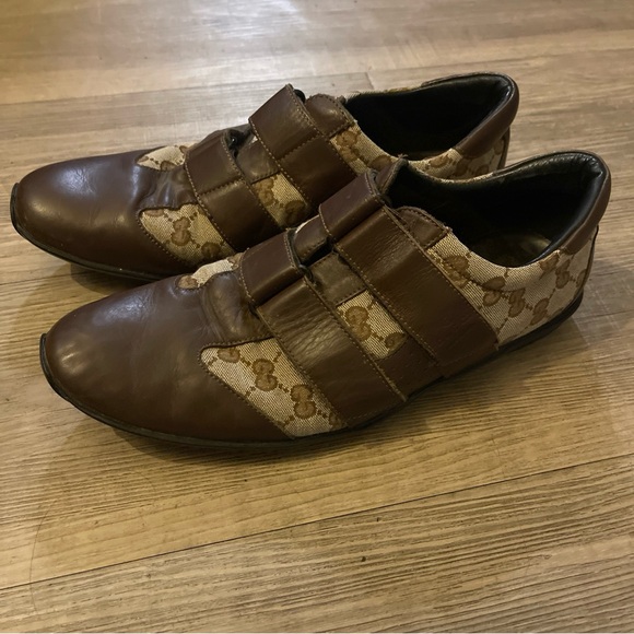 GUCCI Men's Brown Leather Canvas Sneakers Sz 9
